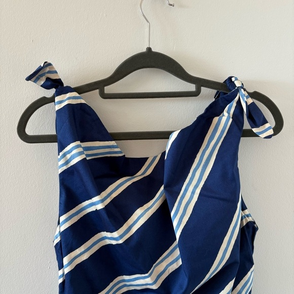 Mango Tie Shoulder 100% Cotton Striped Print Gathered Waist Side Slit Dress NWT - Picture 12 of 13